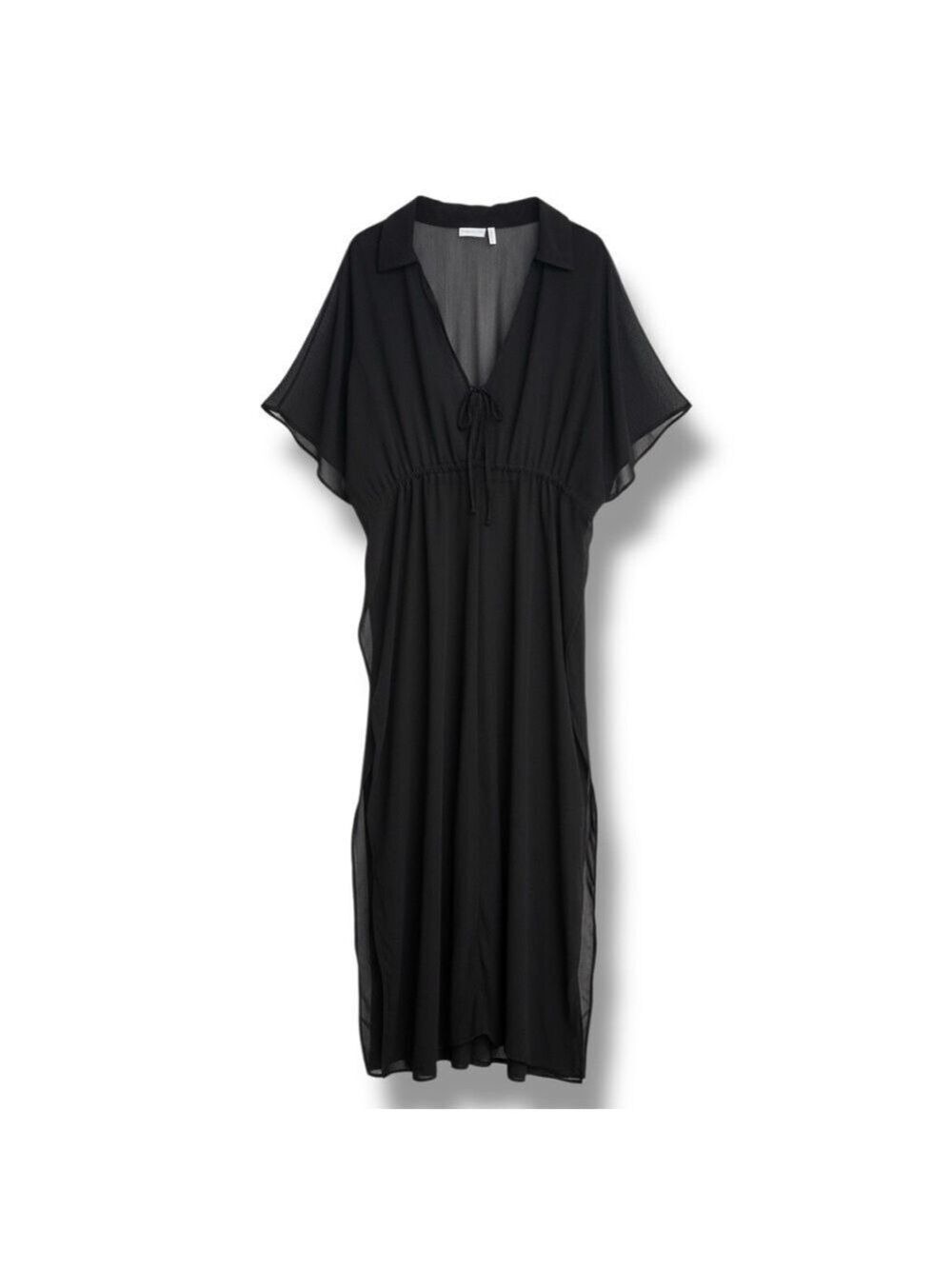 ASOS DESIGN Curve Sheer Black Pleated Chiffon Maxi Dress Kimono Sleeve Size 18